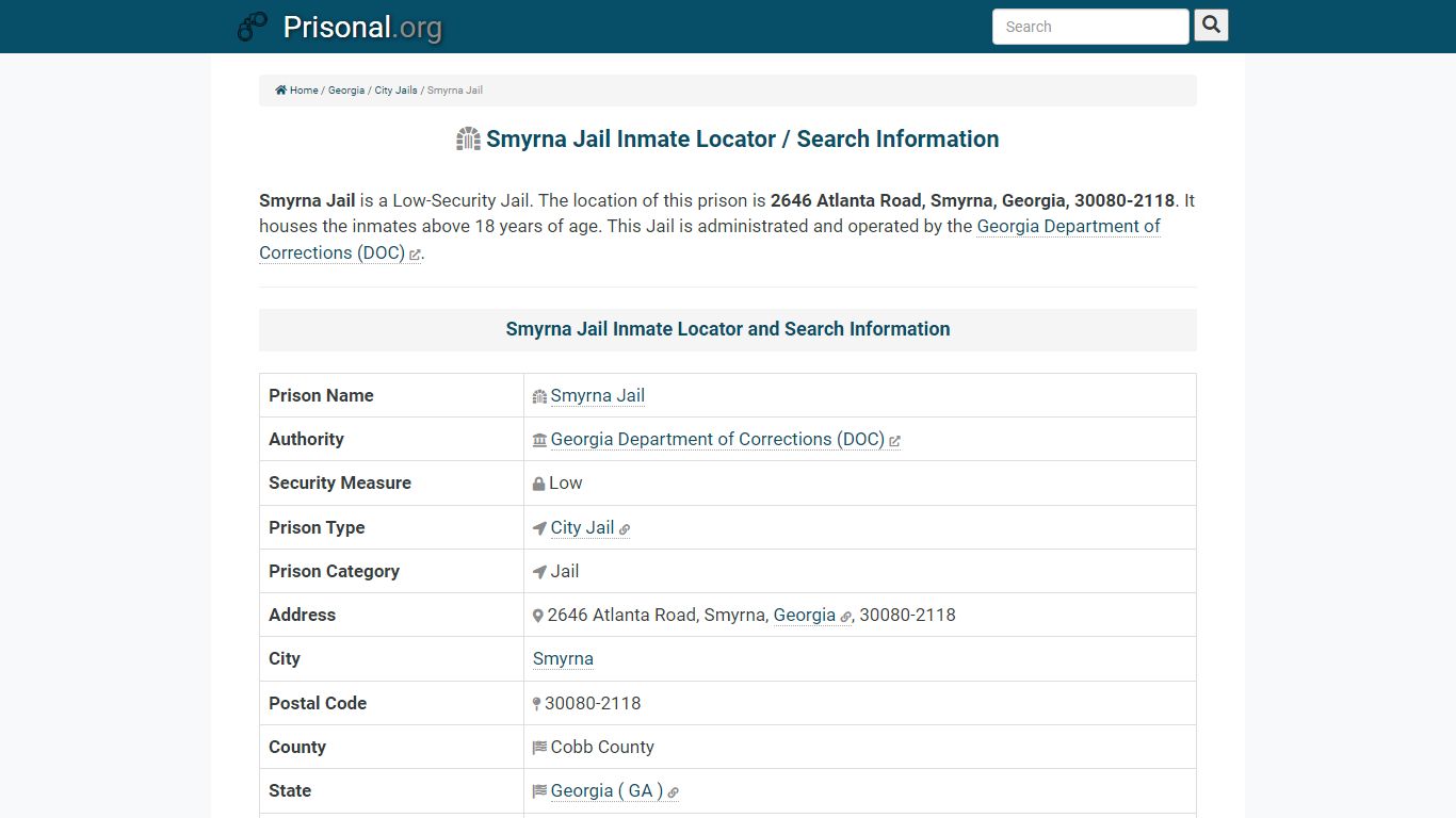 Smyrna Jail-Inmate Locator/Search Info, Phone, Fax, Email ...